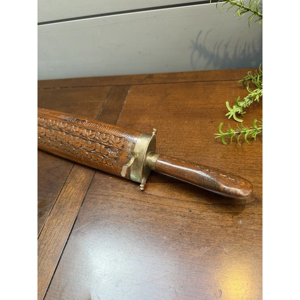 Vtg East India Knife & Fork Carving Set Brass Accents Carved Wood Handles